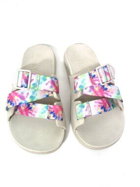 Chaco Chillos Slide Light Tie Dye Womens Size 7 Pink Blue Green Yellow EUC